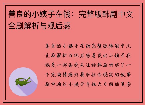 善良的小姨子在钱：完整版韩剧中文全剧解析与观后感